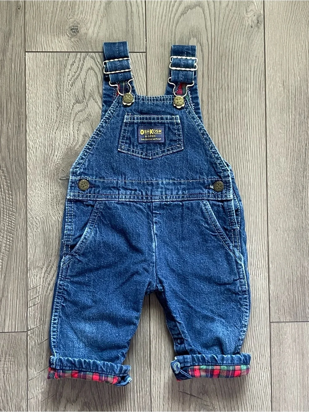 Vintage Oshkosh B’gosh Vestbak USA Plaid Flannel Lined 12m Baby Denim Overalls
